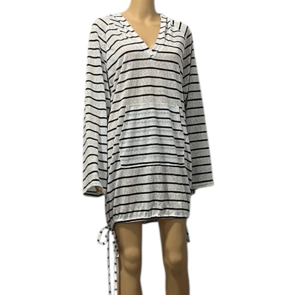 Kona Sol Striped Hooded Tunic/ Swim Coverup with Kangaroo Pocket Size L - Picture 1 of 5